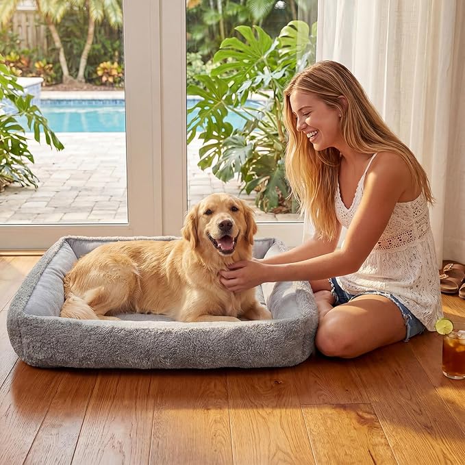 Washable Dog Bed for Small, Medium & Large Dogs - Reversible Design (Ice‑Silk Cooling Layer | Sherpa Fleece Layer), Rectangle Dog Beds for Crate, Grey (24" × 15")