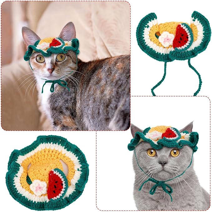 Knitted Cat Hat, Cute Small Flower Watermelon Crochet Cat Hat for Dog Puppy Pet Halloween Xmas Knit Cap Decoration(Green)
