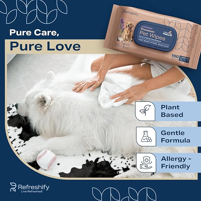 REFRESHIFY Dog Wipes for Paws and Butt - (Bulk 800 Wipes) - Plant Based Lavendar Scented, Pet Wipes for Dogs and Cats - Deodorizing Non Toxic Dog Wipes - 8 Packs of 100