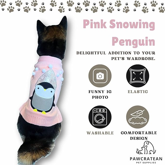 Cute Sweater for Dogs and Cats Soft Flannel Pet Outfit Warm and Cozy Animal Hoodie Small to Large Pet Clothes for Halloween Parties and Everyday Wear (Small, Pink Pinguin)