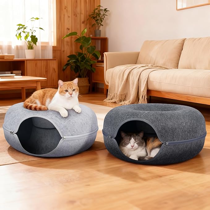 Peekaboo Cat Cave Bed for Indoor Cats, Scratch-Resistant Cat Donut Tunnel for Multiple & Large Cats, Detachable Round Cat Hideaway for Playing, Sleeping and Hiding
