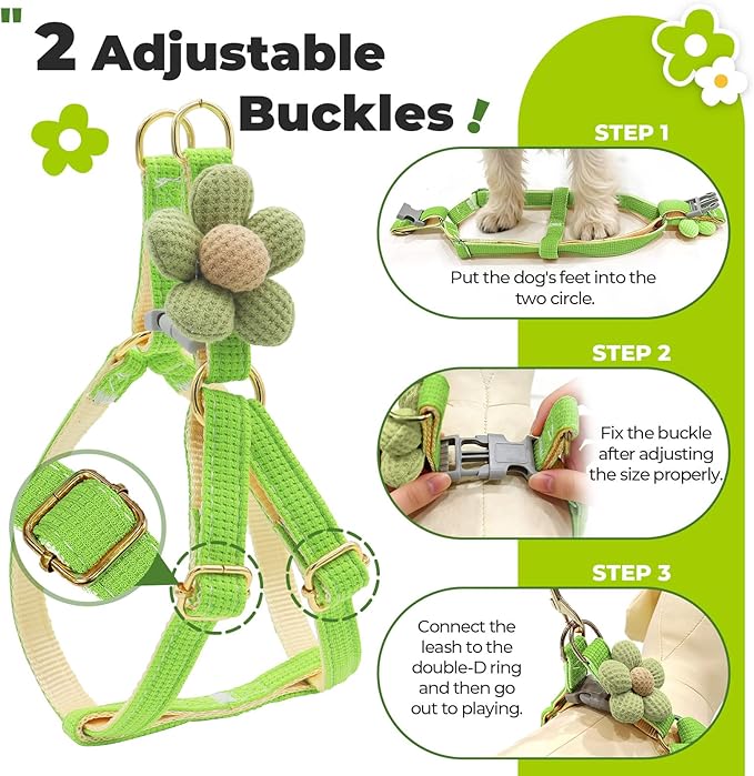 PETCARE Cute Flower Dog Harness and Bowtie Leash Set Easy Walk Puppy Dog Halter Harnesses for Small Dogs Boy Step in Dogs Harness with Buckle (Green, Chest Adjustable 11"-17", Rope Width 0.59")