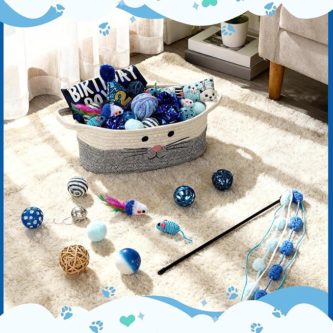 Zopeal Graduation Cat Toy Set Interactive Cat Toys Pack Including Feather Teaser Wand Plush Gift Outfit Mice Crinkle Balls and Pet Bell Balls, Puzzle for Indoor Cats Gift Basket for Kitten(Blue)