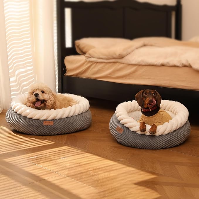 FUKUMARU Dog Bed, 25in Large Round Cat Beds, Plush Faux Fur&Corduroy Cat Beds, Cute Round Washable Pet Bed for Large Cats and Small Dogs, Cat Cave with Anti-Slip Bottom, 25inch, Grey