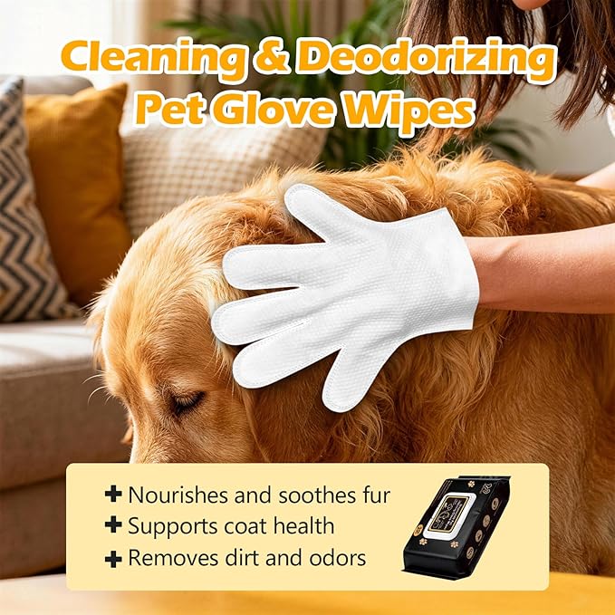 Pet Grooming Gloves (20 Count), Hypoallergenic Deodorizing Wipes for Dogs & Cats - Disposable Bath & Coat Cleaning Gloves for Shiny Fur