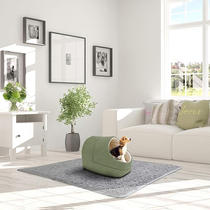4 in 1 Self Warming Burrow Cat Bed, Pet Hideway Sleeping Cuddle Cave (Sage Green-2)