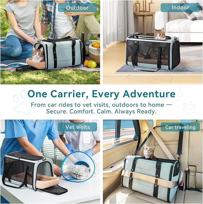 PETSFIT Large Cat Car Carrier with Patented Safety Buckles(19 x 12 x 12) β Roomy Escape-Proof for Safe Driving, Lockable Zippers & Safety Tether, Soft-Sided Travel Carrier for Road Trips & Vet Visits