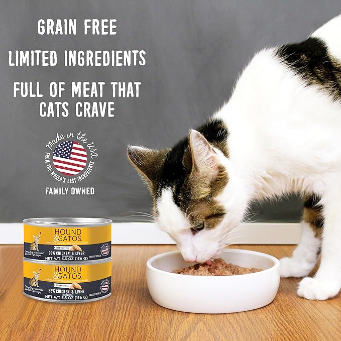 Hound & Gatos Chicken Wet Cat Food, Single Protein, 98% Real Meat Formula, Grain Free Limited Ingredient Cat Food, 5.5 oz Cans (Pack of 24)