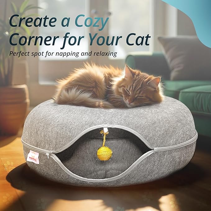 MeowMates Peekaboo Cat Cave Donut Bed for Multiple Cats Upto 45lbs, 3-in-1 Large Cat Tunnel & Donut Bed Combo w Round Tunnel Scratcher for Indoor Cats, Hanging Toy, Washable & Detachable - Grey