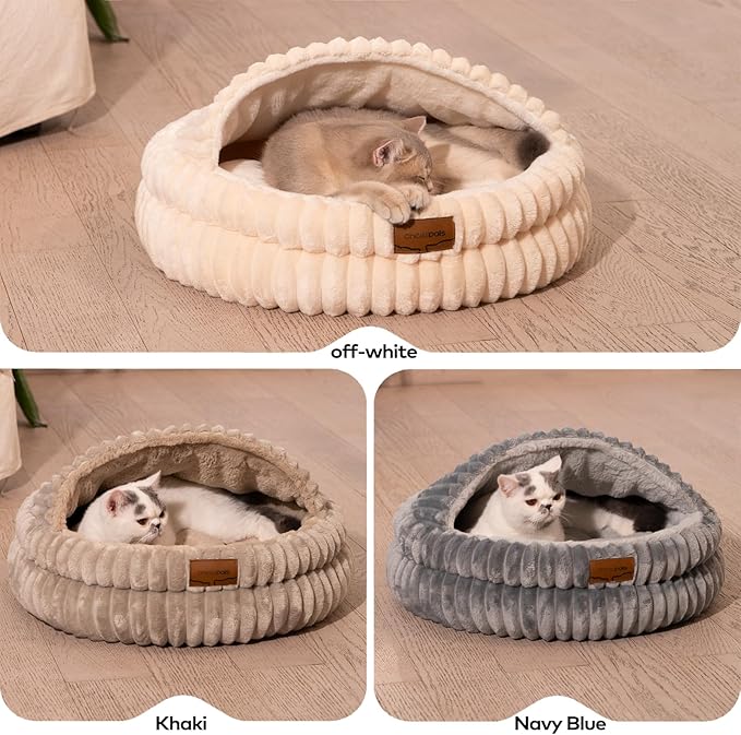 CHEERPALS Cat Cave Bed for Indoor Cats, Washable Covered Cat Bed Hooded Kitty Bed Soft Fluffy Pet Bed for Puppy and Small Dog(White)