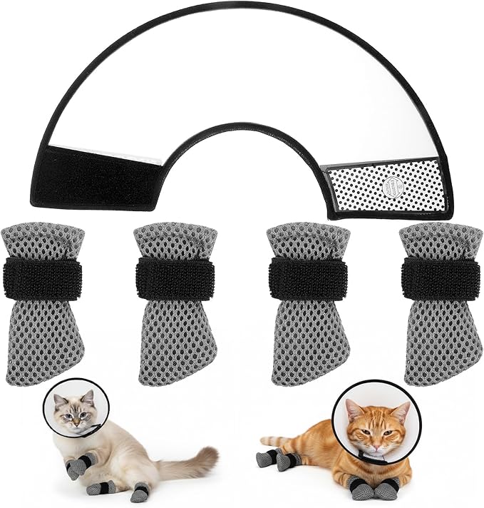 5 Pcs Cat Boots Anti Scratch Mittens Gloves with Elizabethan Collar Adjustable Cat Claw Protectors Covers Mesh Breathable Kitten Shoes Booties Anti Scratch Socks for Pet Bathing Cutting Nails