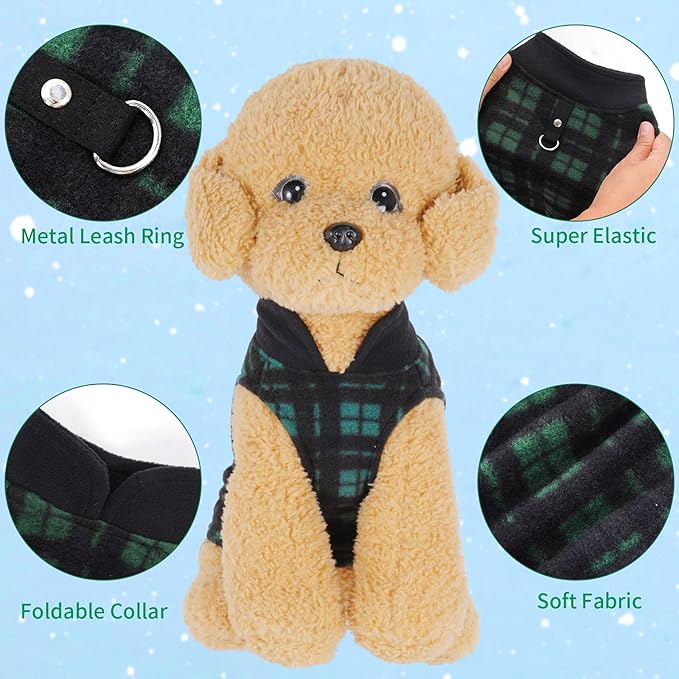 Rbenxia 6 Piece Buffalo Plaid Dog Sweater Set Soft Fleece Vest & Pullover Jacket with Leash Ring for Puppy, Cat Small Dog Pets Warm Winter Outfits (Red, Green, Blue, Black, Bright Blue, Gray, Small)