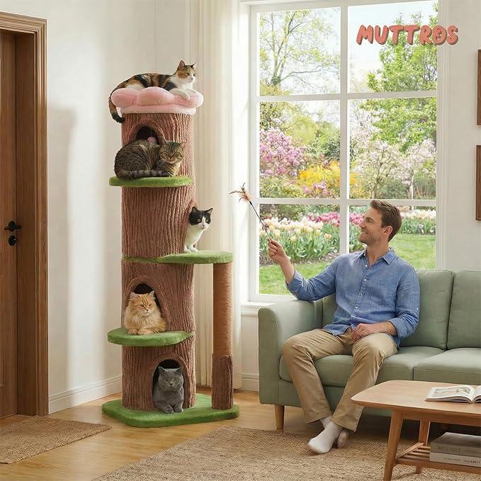 MUTTROS Forest Cat Tree Tower with 4 Condos, 68.5" Tall Cat Tower with Flower Top Bed & Thick Scratching Post (φ3.8in) – Large Heavy Duty Tree that Looks Like a Tree for Indoor & Multi-Cat Households