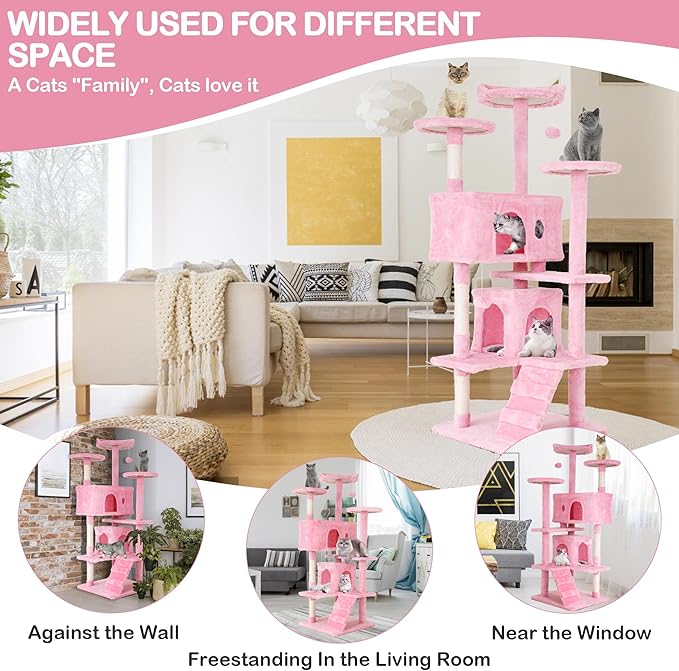 54 Inch Tall Cat Tree Tower - Multi-Level Cat Condo with Scratching Post, Toys & Rest Area, Pink