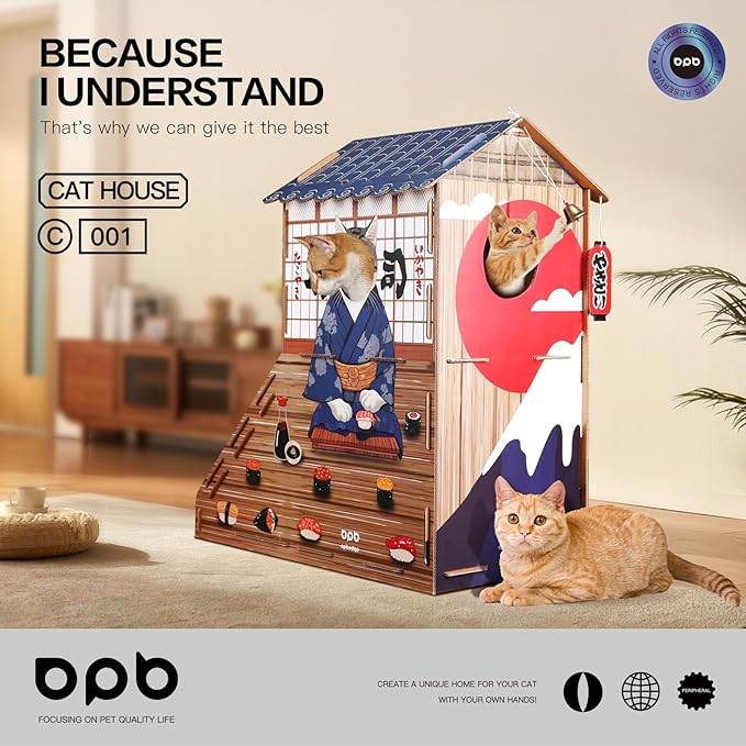 Cardboard Cat House for Indoor Cats,Cat Bed with Cat Toys,Cat Tunnel with Cat Scratching Posts,Large Cat Houses & Condos,Suitable for Kitty of All Weights,29.5inx28.5inx18in.