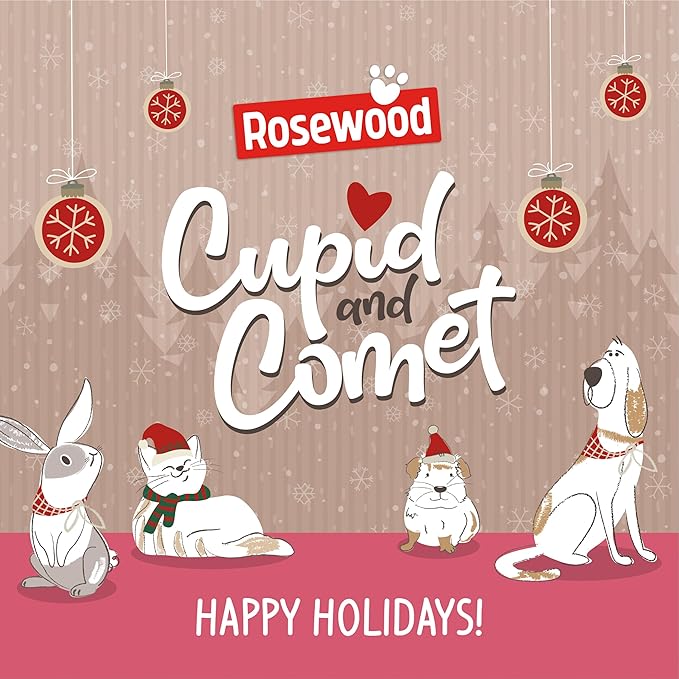 Rosewood Cupid and Comet Christmas Dinner Cat Stocking, Including: 1 x 40g Cheese Stick, 1 x 40g Turkey Strip, 1 x 40g Salmon bite cat Treats, 2 x Catnip Mouse cat Toys.