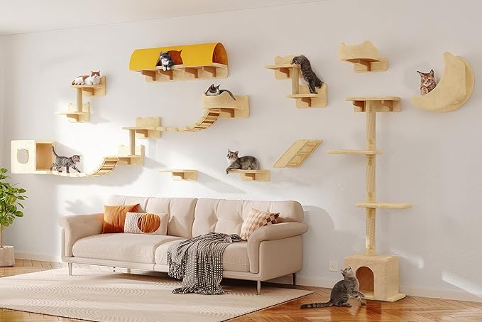 Cat Wall Shelves, Wall Mounted Pet Shelf Furniture w/Plush Fabric(26 Piece Set), 63''H Cat Tower w/Scratching Posts, Cats Furniture with 40''L Tunnel, Condos, House, Steps and Ladder, Beige