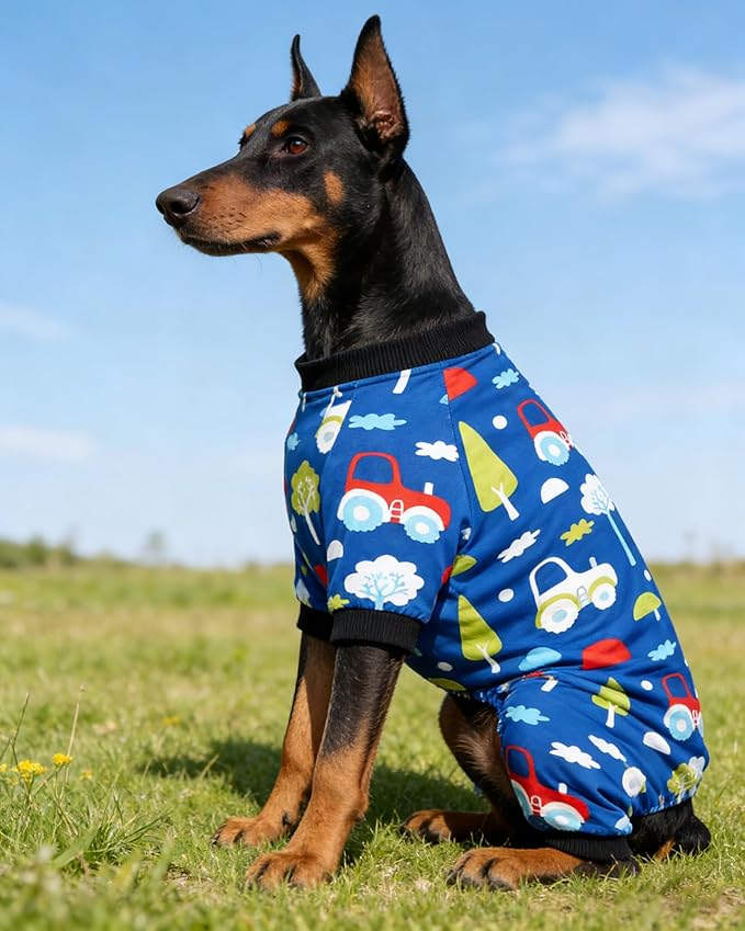 PET SHOW 4 Pack Dog Pajamas for Large Dogs Girl Boy Dog Clothes Soft Stretchy PJs Dinosaur Car Jumpsuit Puppy Daisies Cow Jammies Onesies Outfits with Sleeve Pets Costume, XXXL
