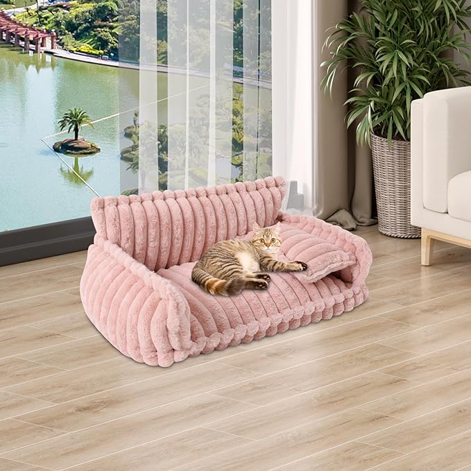 Plush Pet Couch, Soft Cat Bed with Bolster, Comfortable Pet Sofa for Indoor Lounging, Washable Cover, Large Size, Perfect for Medium to Large Breeds (Pink)