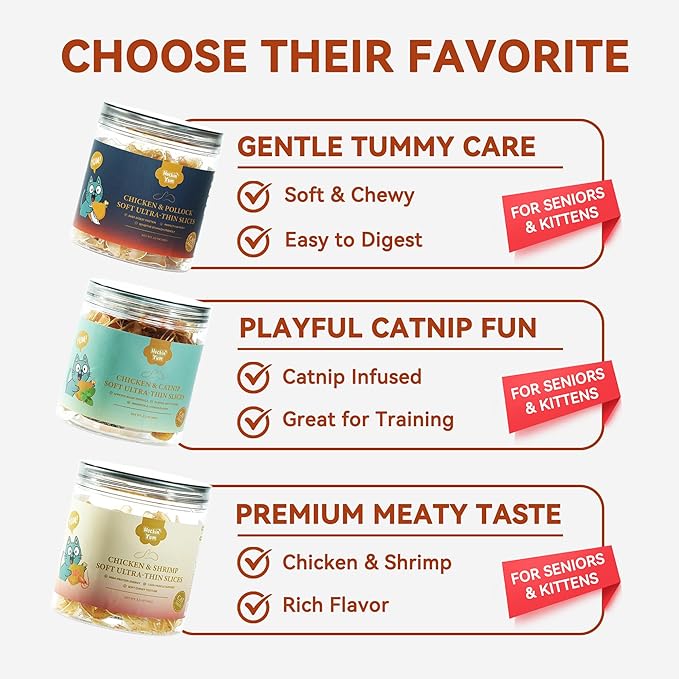 Soft Cat Treats, Chicken & Shrimp Ultra-Thin Slices, Easy-Chew Snacks for Picky Cats, Kittens & Seniors, Low-Fat Treats with Taurine, 3.2 oz