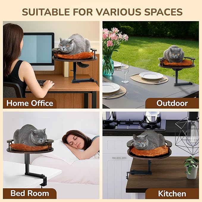 Up to 45LBS Cat Desk Bed - 360° Rotation & Adjustable Height, Pet Perch for Desks with Washable Cushion, Desk Cat Bed Attachment for Various Tables (Wood_Brown Cushion)