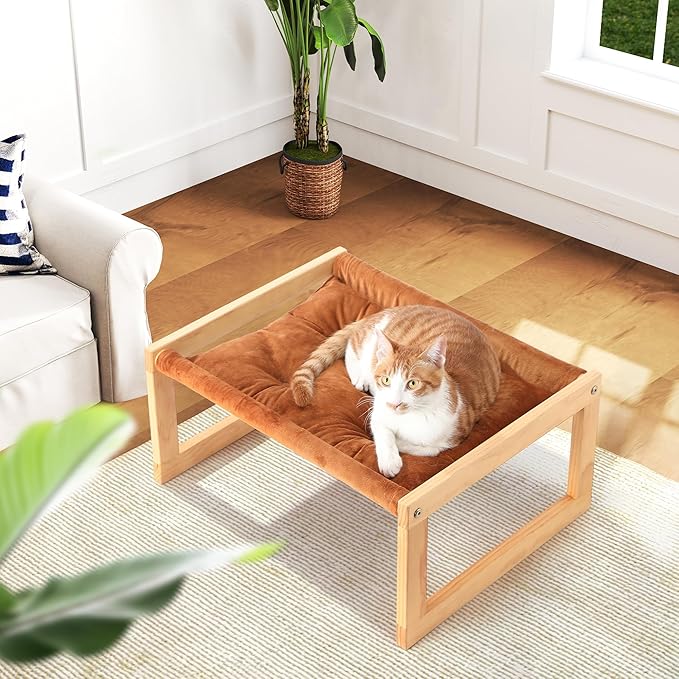 FUKUMARU Cat Bed with Removable Cover, Plush Velvet Couch for Indoor Cats, Wooden Feline Hammock, 21 x 16.5 Inch Kitten Sofa, Suitable for Kitty, Dog, Bunny and Small Animal, Brown