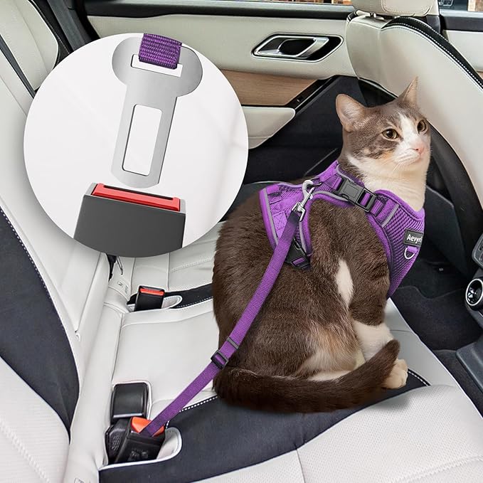 Cat Harness and Leash for Walking, The Upgrade Can be Adjusted in Four Directions and Breathable Cat Harness for Anti Escape that can be Fitted and Positioned, Reflective Strips Harness, Purple, L