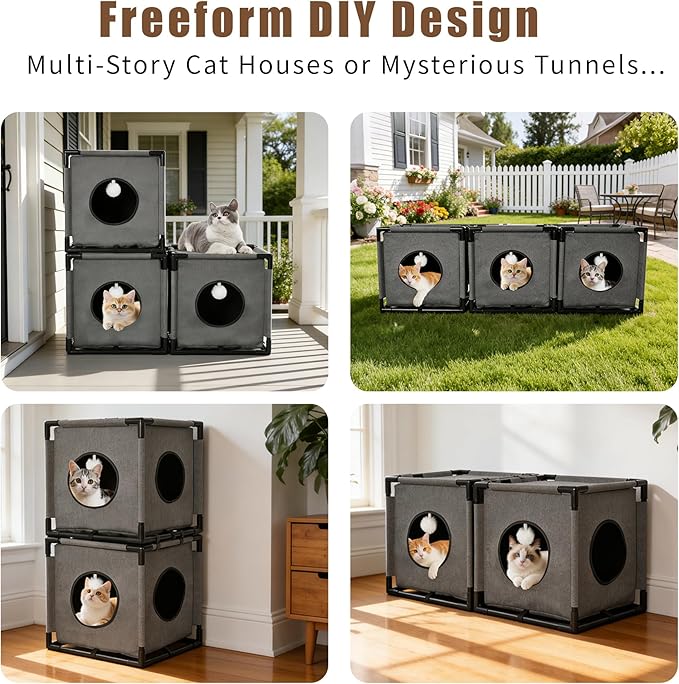 Cat Beds for Indoor Cats - Cat Hideaway,Muti-Functional Cat Cave Bed with Soft Velvet Pad and Fluffy Ball,Elevated Cat House for Multiple Cats,Grey