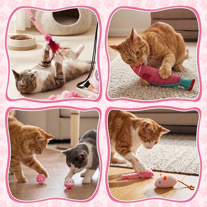 Leitee 101 Pcs Cat Interactive Toys Set with 1 Cat Paw Gift Storage Bags Feather Teaser Wand Springs Mice Fish Crinkle Balls Bell Balls Pillow, Puzzle Toys for Cats Gift Indoor (Pink)
