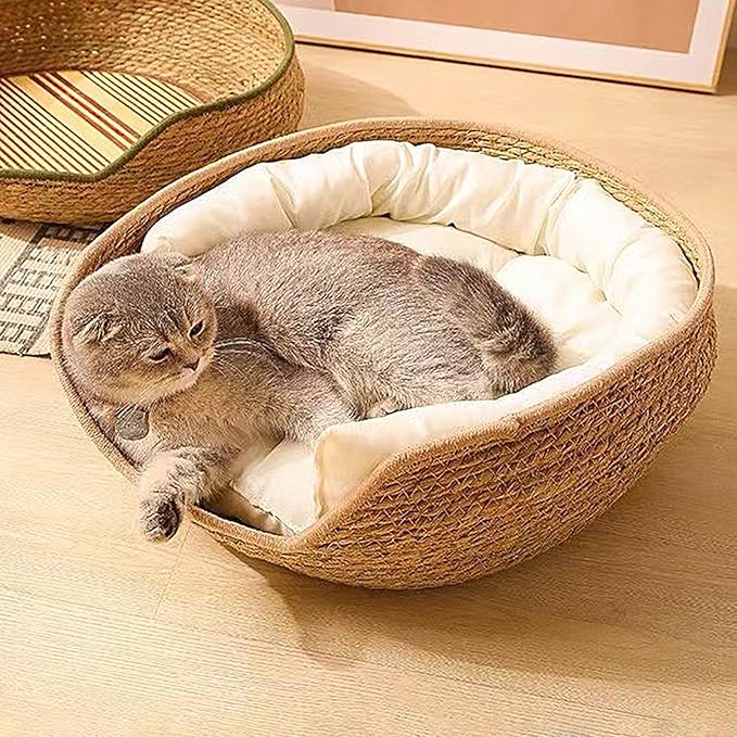 Cat Bed Woven Nest with Soft Cushion Pillow, All Season Pet Sleeping Basket for Kitten Puppy Dog, Round Cat House Resting Scratching Furniture Indoor