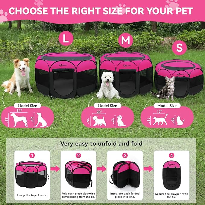 Siedihit Dog Playpen, Medium Puppy Pet Playpen, Dog Crate Tent Cage Indoor/Outdoor, Portable Pop Up Dogs Kennel Playpen with Carrying Case for Dogs/Cats/Rabbits, Hot Pink
