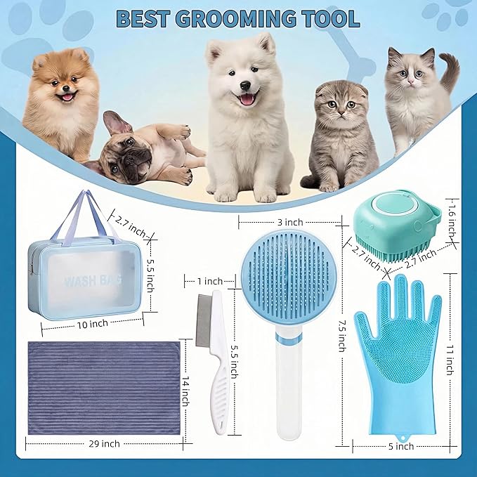 6PCS Dog Bath Kit & Dog Brush Kit for Dogs & Cats - Professional Pet Grooming Tools Set with Shedding Brush, Bath Scrubber, Dematting Comb & Storage Bag - Complete Dog Washing Essentials, Blue