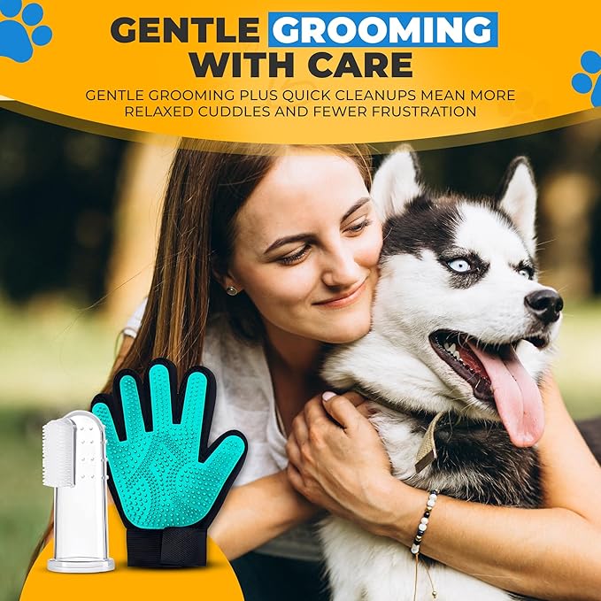Pet Hair Removal Glove for Dogs & Cats – Dog Grooming Gloves for Shedding, Pet Hair Remover Glove – Pet Grooming Gloves, Cat Grooming Gloves & Cat Brush Glove (Glove + Finger Toothbrush Kit)