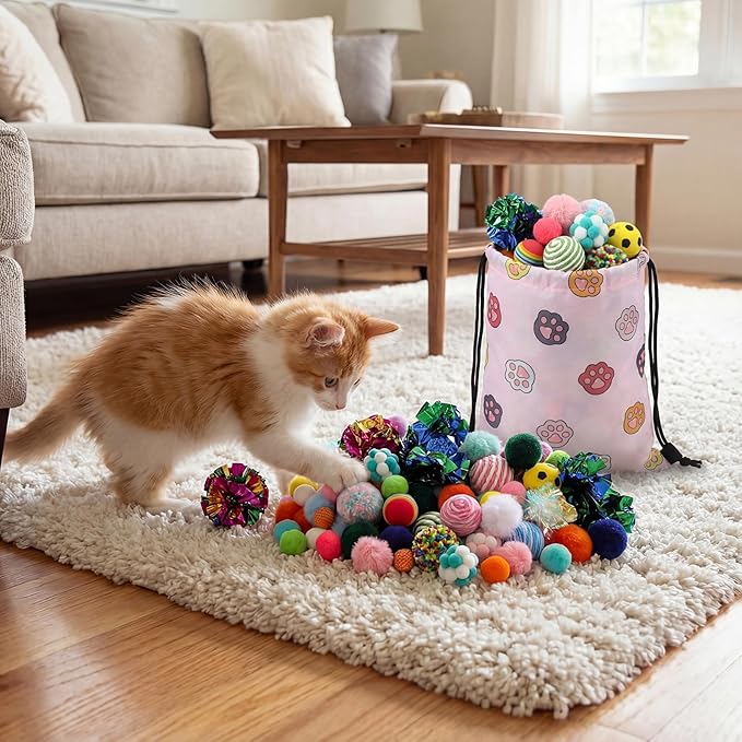 Leitee Cat Toy Balls Bulk with 1 Cat Paw Gift Storage Bags Set - Variety Interactive Kitten Toys Bundle with Crinkle Ball, Balls, Bells for Cats Mom Kittens and Indoor Cats Chase Pounce Rattle Play