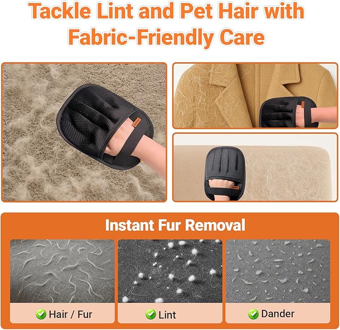 Premium Magic Brush Pet Hair Removal Gloves (2pcs) - Reusable & Washable 5-Finger Design for Furniture, Car Seats, Carpet, Laundry - for Surfaces, Not Pet Grooming