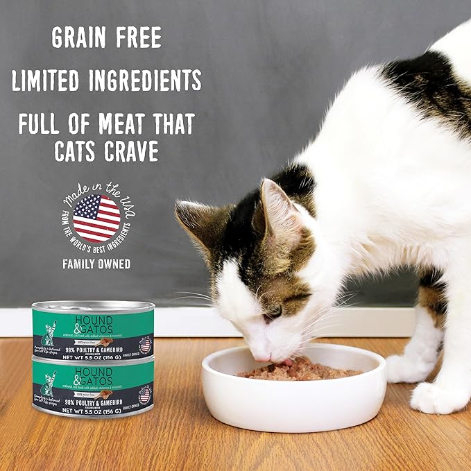Hound & Gatos Poultry & Gamebird Wet Cat Food, High Protein, 98% Real Meat Formula, Grain Free Limited Ingredient Cat Food, 5.5 oz Cans (Pack of 24)