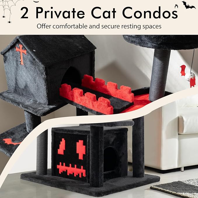 PETSITE 49 inch Gothic Cat Tree, Multi-Level Halloween Goth Cat Tree Tower with Coffin Bed, Scratching Posts, 2 Condos, Cozy Top Perch, Bat-Shaped Teasing Balls, Black