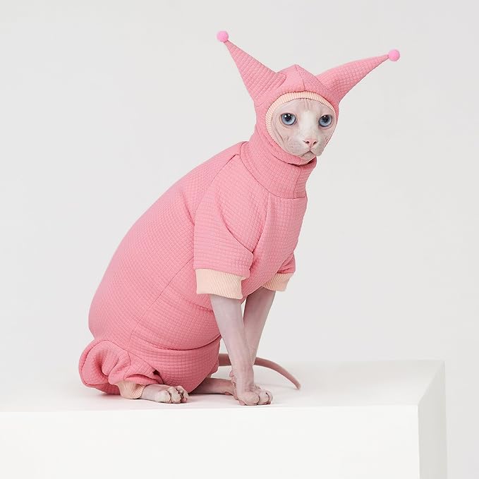 Sphynx Cat Clothes Waffle Pattern Suit, Cute Pet Hat and Shirt Set, Hairless Cat Devon Cornish Pink and Black Suit, (Large, Pink)