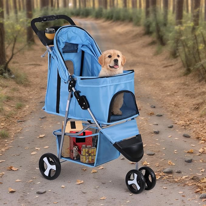 JungleA Foldable Pet Stroller for Cats Dogs,3 Wheel Jogger Stroller for Small to Medium Pets,Lightweight & Portable & Durable PetStroller with Weather Cover, Storage Basket and Cup Holder,Blue