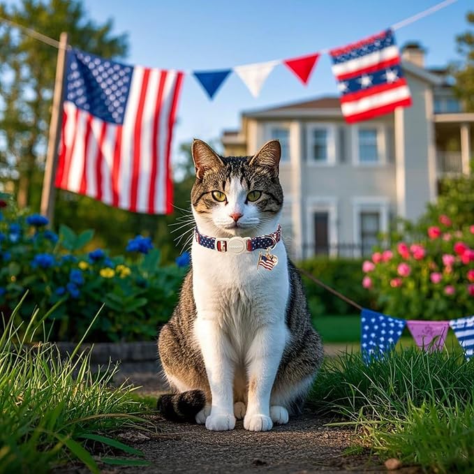 2 Pack American Flag Cat Collars Breakaway with Bell, DOGWONG Safety Buckle 4th of July Patriotic Cute Cat Collar for Girl Boy Cats,Adjustable 7-12 Inch