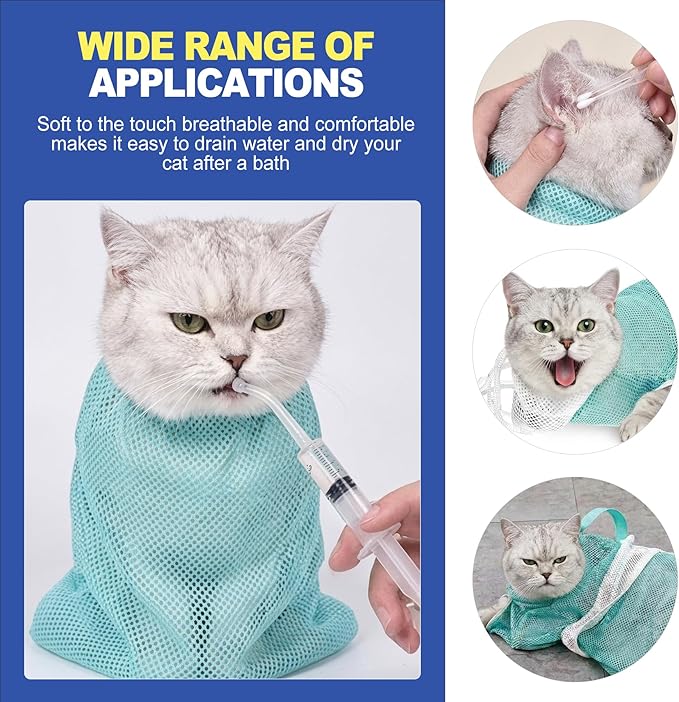 Adjustable Cat Bathing Grooming Bag, Anti-Scratch Breathable Mesh Cat Restraint Wash Bag for Shower, Nail Trimming, Ear Cleaning, Pet Cat Grooming Supplies