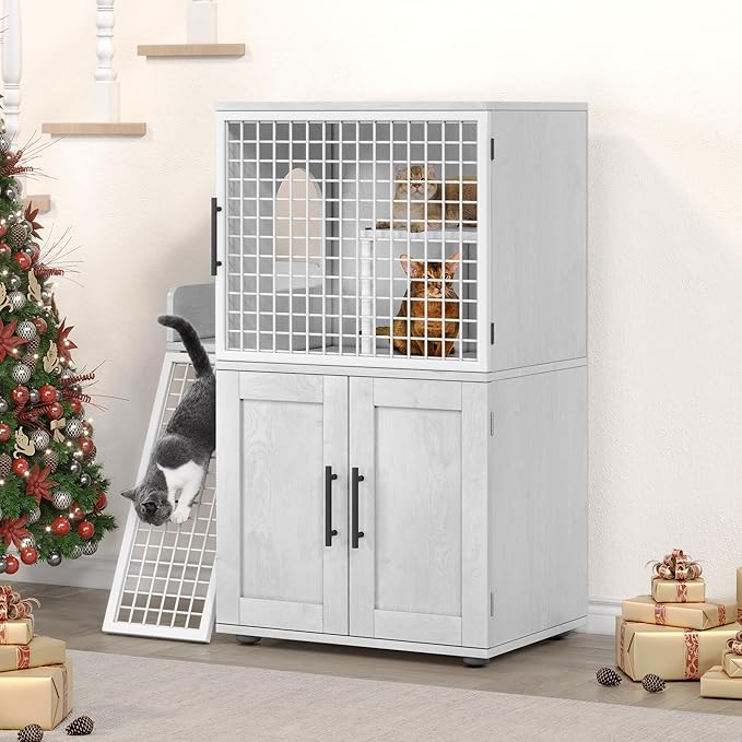 IDEALHOUSE Modern Cat Litter Box Enclosure with Platform, Double Layer Hidden Litter Box, Indoor Washroom, Villa Cat House with Ladder, 33.5" l x 17.9" w x 41.9" h,White