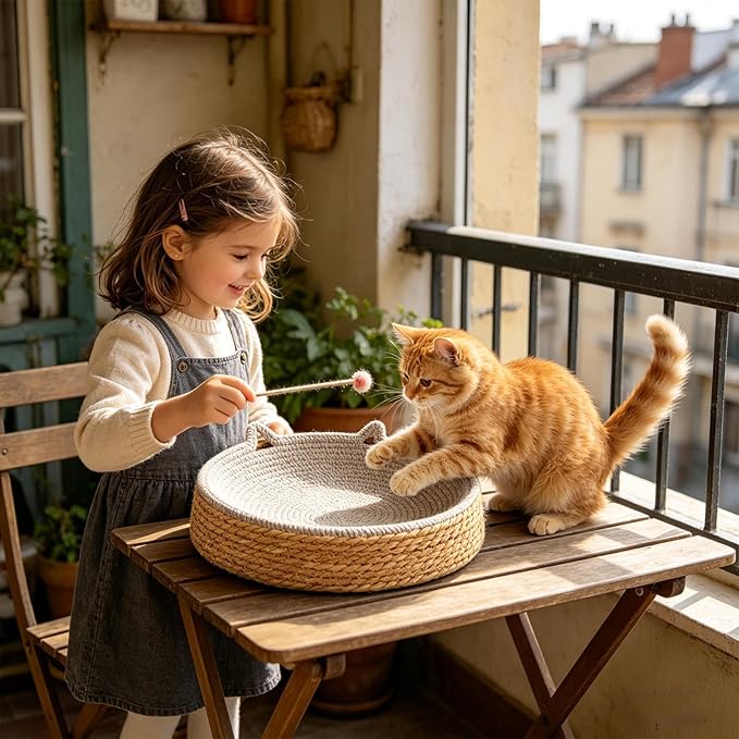 Cat Scratch Bowl - Breathable Woven Scratch Board, Kitten Ear Design Cotton Rope Cat Bed, Round Scratching Lounge Toy