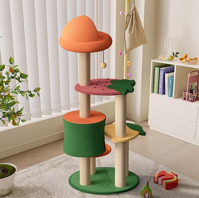 Happy & Polly Cute Cat Tree - 48.4" Fruit World Cat Tower for Indoor Cats, Multi-Level Cat Condo with Sisal Scratching Posts, Private Cave, Plush Strawberry Perches, Perfect Cat Tree Activity Center