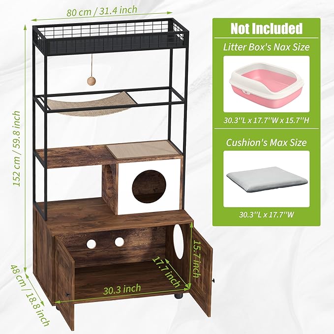 GarveeHome Cat Tree with Litter Box Enclosure, Large Wood Cats Cabinet with Storage Shelf, Condo, Hammock and Play Ball, All-in-one Corner Dog Proof Cat Bed Furniture