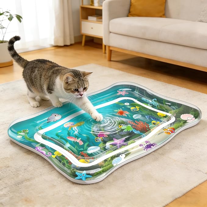 Interactive Cat Toy for indoor Cats, Upgraded Cat Water Mat with Fish, Thickened 0.7mm Cooling & Heating Water Bed Pad, Enrichment Stimulating Water Sensory Play Mat for Bored Adult Kitten Cats