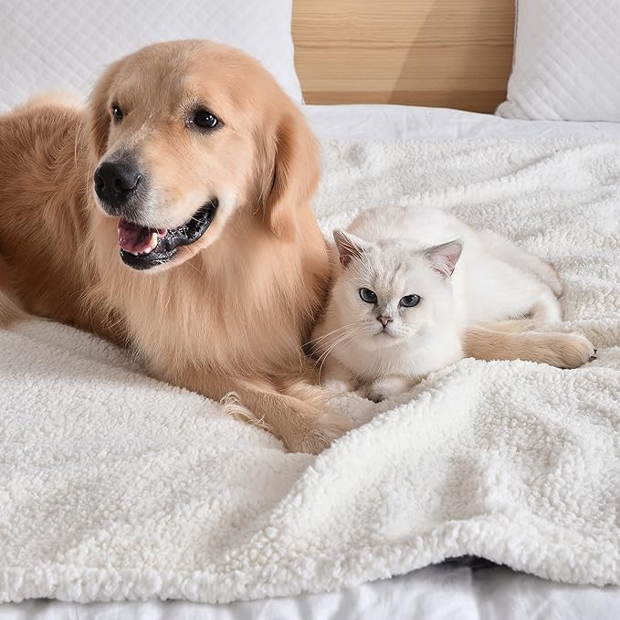 Qeils Waterproof Blanket for Bed, Dog Blankets for Large Dogs, Waterproof Cat Blanket Washable, Soft Sherpa Fleece Puppy Blanket, Reversible Throw Protector for Couch Car, 50"X60", Navy Blue