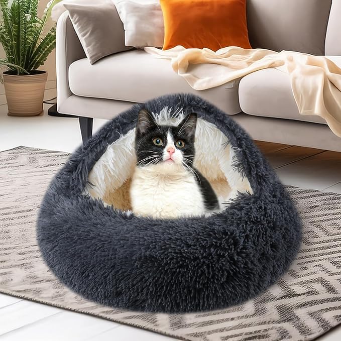 FORMYCATIE Cat Beds for Indoor Cats,Cat Cave for Puppy and Kitty,Calming Small Dog Bed for Small Dogs with Cover Cave,Cozy Warming Fluffy Washable Anti-Slip Pet Sleeping Bag(24 * 24inch,Dark Gray)