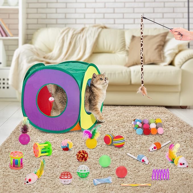 Retro Shaw Cat Toys Pack 33Pcs, Interactive Kitten Toys for Indoor Kittens Cats, Collapsible Kitty Play Tunnel Tent Feather Wand Balls Bell Springs Mouse Kitty Toys for All Breeds (Medium Tunnel)