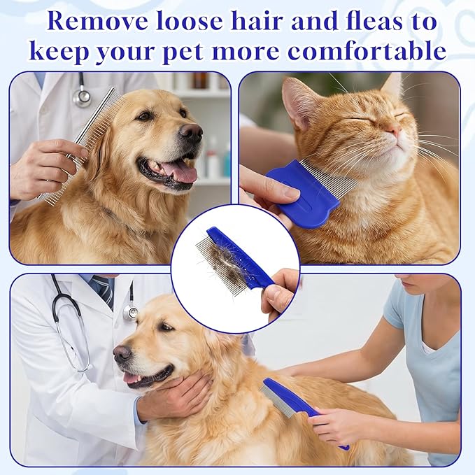 6-Pack Flea Comb for Dogs and Cats, Stainless Steel Dog Cat Grooming Combs with Rounded Tooth for Remove Fleas Lice Eggs Double-Sided Tear Stain Remover Pet Dematting Kit for All Types of Pets